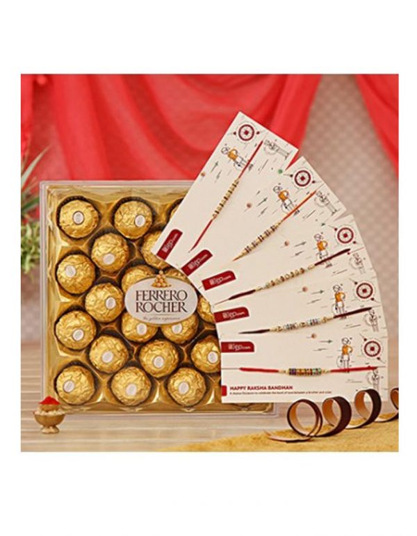 ELEGANT SET OF 5 RAKHIS WITH 24 PCS FERRERO ROCHER