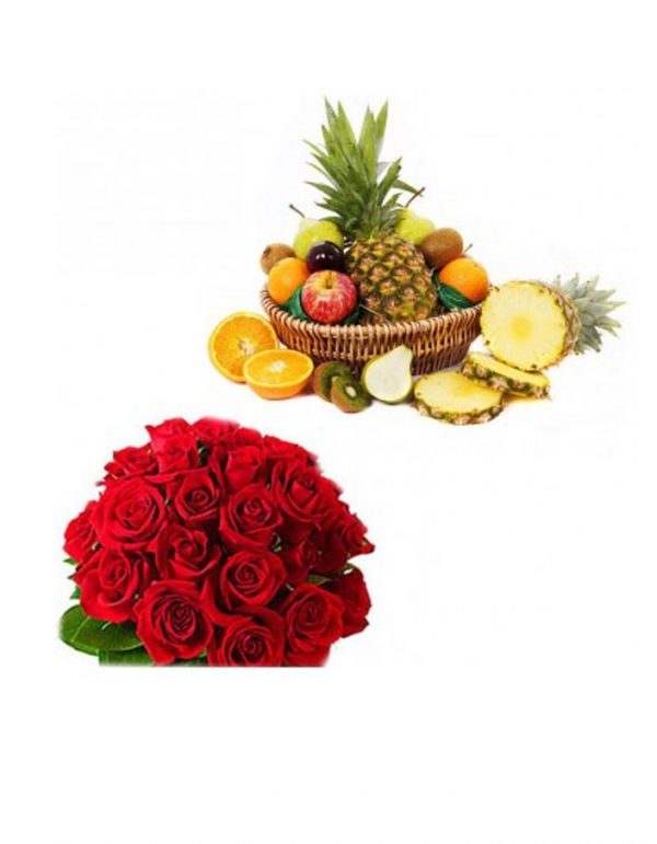 FRUIT BASKET AND RED ROSES COMBO