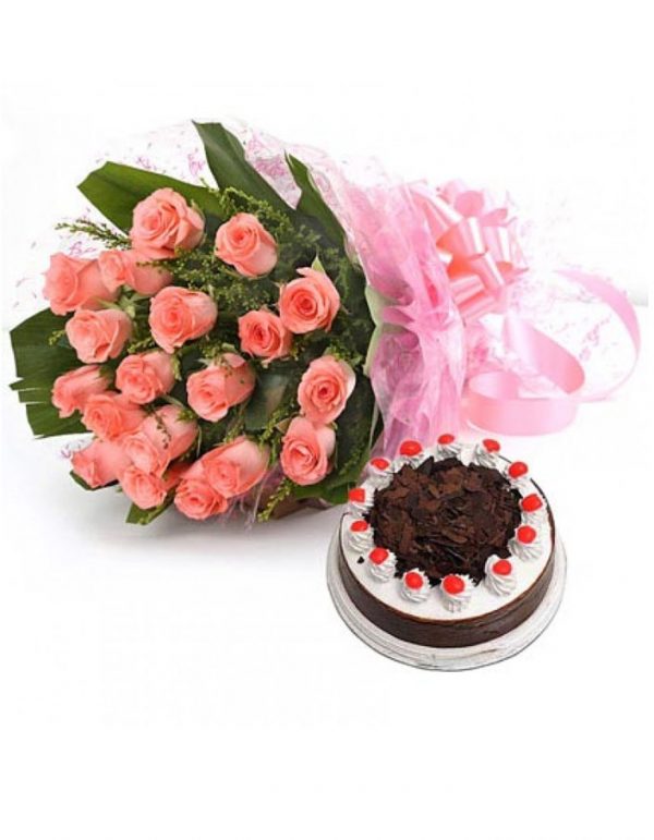 PINK ROSES WITH BLACK FOREST CAKE